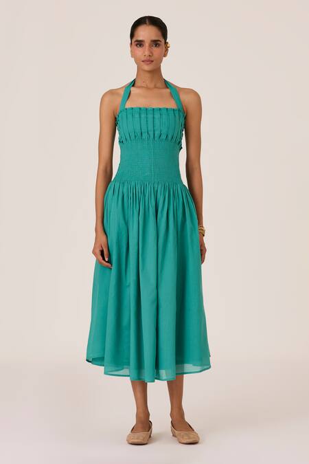 The Summer House Blue Cotton Halter Neck Cyan Pleated Smocked Midi Dress Online at Aza Fashions The Summer House_Blue Cotton Halter Neck Cyan Pleated Smocked Midi Dress_Online_at_Aza_Fashions