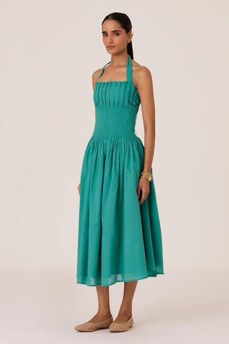 Buy The Summer House Blue Cotton Halter Neck Cyan Pleated Smocked Midi Dress Online at Aza Fashions Buy_The Summer House_Blue Cotton Halter Neck Cyan Pleated Smocked Midi Dress_Online_at_Aza_Fashions