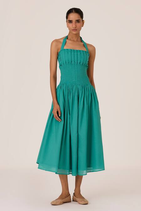 Shop The Summer House Blue Cotton Halter Neck Cyan Pleated Smocked Midi Dress Online at Aza Fashions Shop_The Summer House_Blue Cotton Halter Neck Cyan Pleated Smocked Midi Dress_Online_at_Aza_Fashions