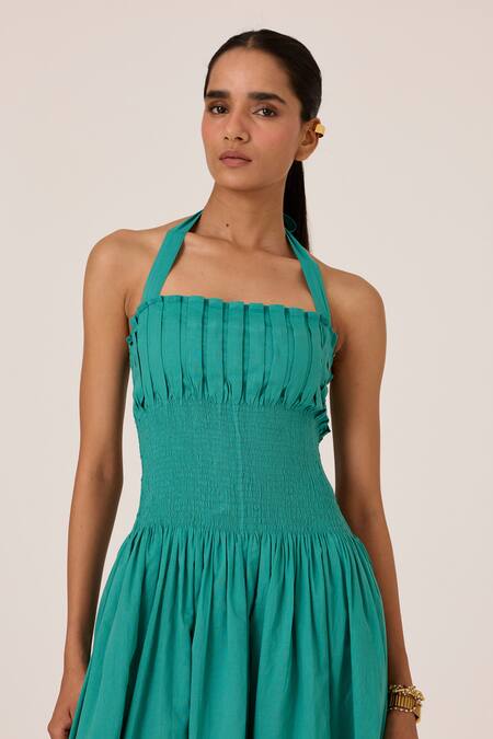 Buy The Summer House Blue Cotton Halter Neck Cyan Pleated Smocked Midi Dress Buy_The Summer House_Blue Cotton Halter Neck Cyan Pleated Smocked Midi Dress