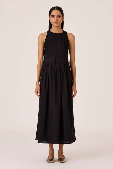 The Summer House Black Organza Embroidery Round Neck Midi Dress Online at Aza Fashions The Summer House_Black Organza Embroidery Round Neck Midi Dress _Online_at_Aza_Fashions