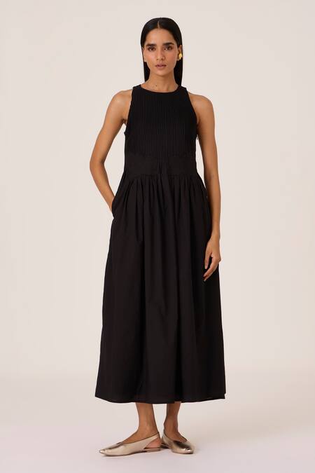 Shop The Summer House Black Organza Embroidery Round Neck Midi Dress Online at Aza Fashions Shop_The Summer House_Black Organza Embroidery Round Neck Midi Dress _Online_at_Aza_Fashions