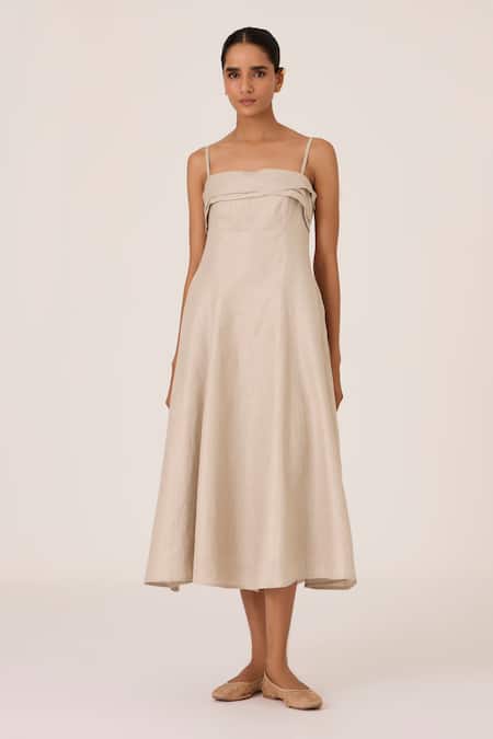 The Summer House_Gray Linen Square Neck Grey Midi Dress _Online_at_Aza_Fashions