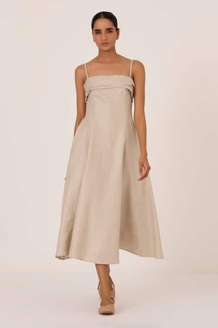 Buy_The Summer House_Gray Linen Square Neck Grey Midi Dress _Online_at_Aza_Fashions