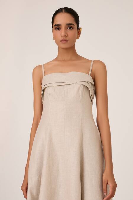 The Summer House_Gray Linen Square Neck Grey Midi Dress _at_Aza_Fashions