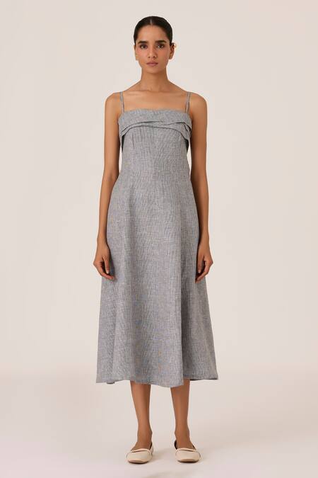 The Summer House Gray Cotton Square Neck Grey Houndstooth Midi Dress Online at Aza Fashions The Summer House_Gray Cotton Square Neck Grey Houndstooth Midi Dress_Online_at_Aza_Fashions