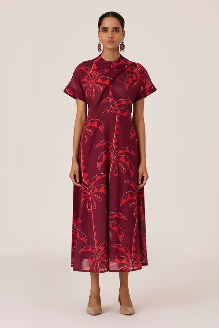The Summer House_Brown Cotton Collared Dalia Palm Print Midi Dress _Online_at_Aza_Fashions