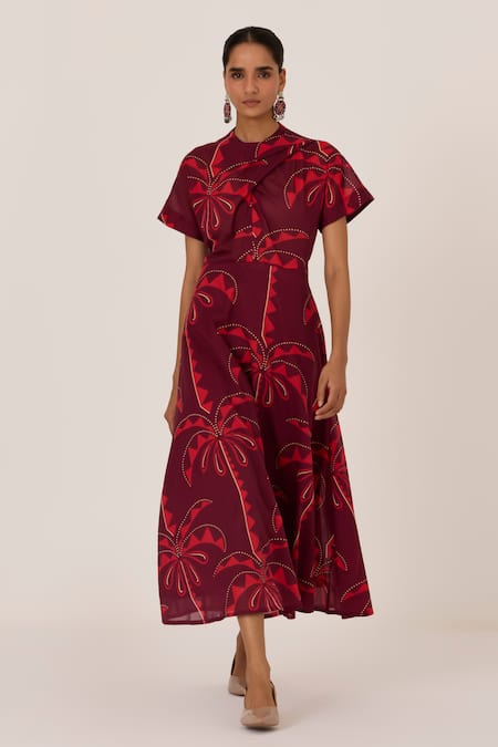Buy_The Summer House_Brown Cotton Collared Dalia Palm Print Midi Dress _Online_at_Aza_Fashions