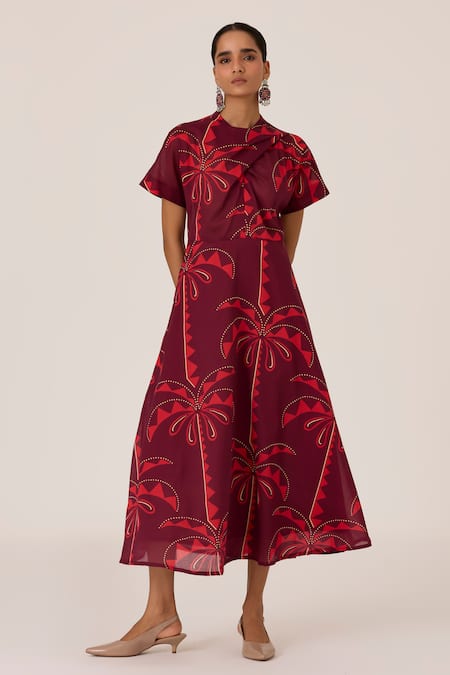 Shop_The Summer House_Brown Cotton Collared Dalia Palm Print Midi Dress _Online_at_Aza_Fashions