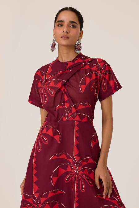 The Summer House_Brown Cotton Collared Dalia Palm Print Midi Dress _at_Aza_Fashions