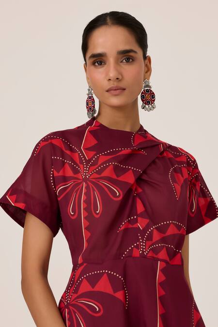 Buy_The Summer House_Brown Cotton Collared Dalia Palm Print Midi Dress 