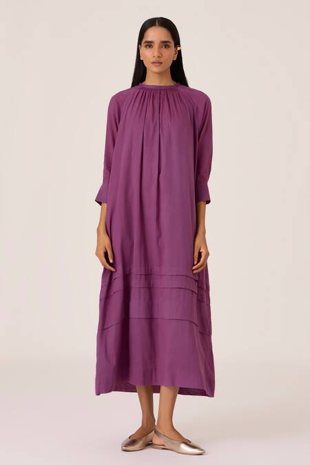 Buy The Summer House Purple Cotton Round Neck Gathered Midi Dress Online at Aza Fashions Buy_The Summer House_Purple Cotton Round Neck Gathered Midi Dress_Online_at_Aza_Fashions