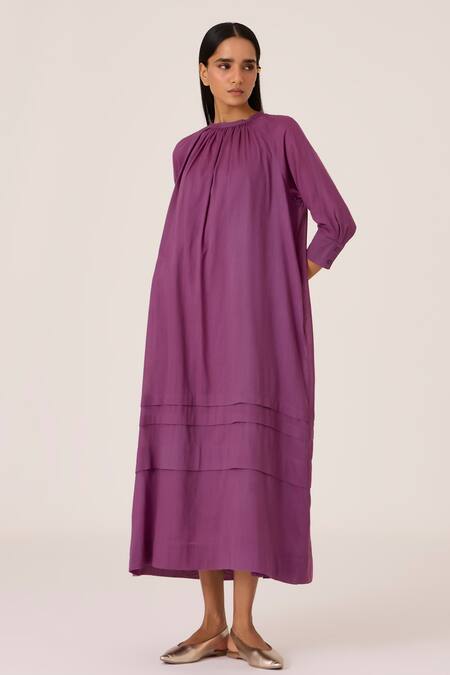 Shop The Summer House Purple Cotton Round Neck Gathered Midi Dress Online at Aza Fashions Shop_The Summer House_Purple Cotton Round Neck Gathered Midi Dress_Online_at_Aza_Fashions