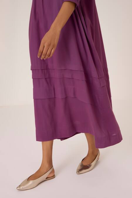 Buy The Summer House Purple Cotton Round Neck Gathered Midi Dress Buy_The Summer House_Purple Cotton Round Neck Gathered Midi Dress
