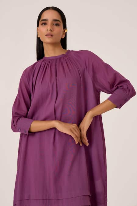 Shop The Summer House Purple Cotton Round Neck Gathered Midi Dress Shop_The Summer House_Purple Cotton Round Neck Gathered Midi Dress
