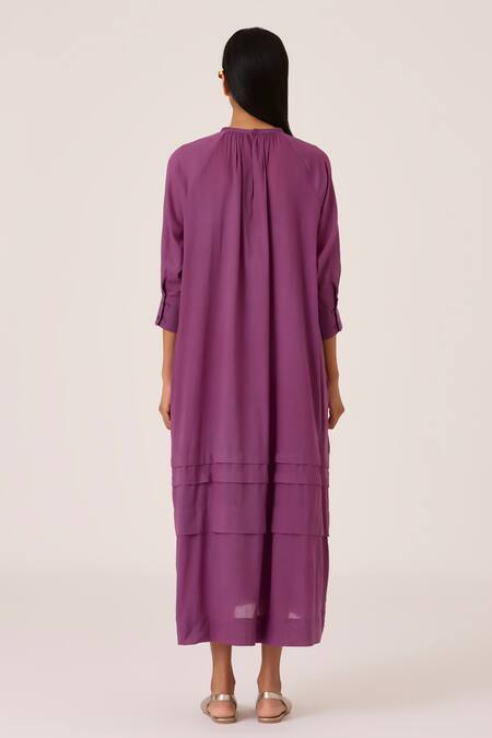 Shop The Summer House Purple Cotton Round Neck Gathered Midi Dress at Aza Fashions Shop_The Summer House_Purple Cotton Round Neck Gathered Midi Dress_at_Aza_Fashions