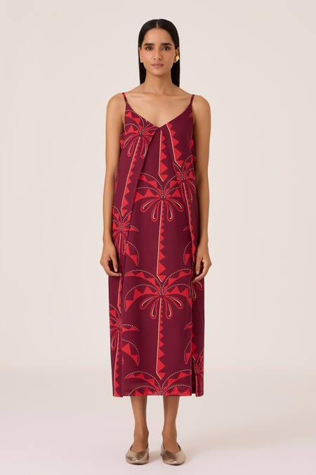 The Summer House_Pink Cotton V-neck Palm Print Midi Slip Dress _Online_at_Aza_Fashions