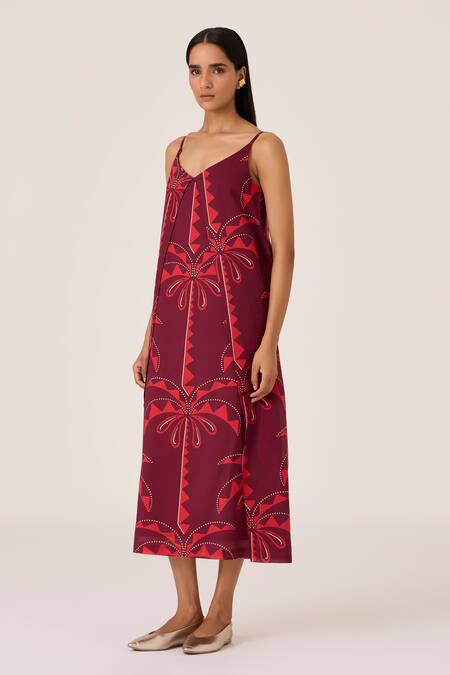 Buy_The Summer House_Pink Cotton V-neck Palm Print Midi Slip Dress _Online_at_Aza_Fashions