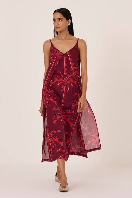 Shop_The Summer House_Pink Cotton V-neck Palm Print Midi Slip Dress _Online_at_Aza_Fashions
