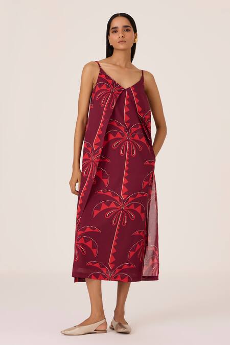 The Summer House_Pink Cotton V-neck Palm Print Midi Slip Dress _at_Aza_Fashions