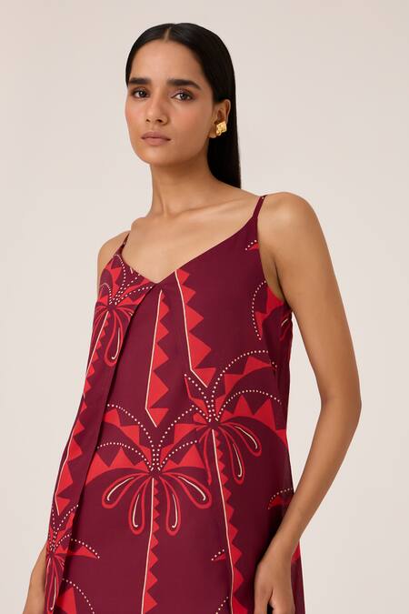 Buy_The Summer House_Pink Cotton V-neck Palm Print Midi Slip Dress 