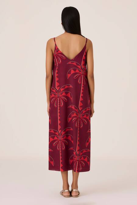 Shop_The Summer House_Pink Cotton V-neck Palm Print Midi Slip Dress _at_Aza_Fashions