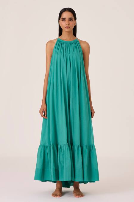The Summer House_Blue Cotton Halter Neck Frilled Hem Maxi Dress _Online_at_Aza_Fashions
