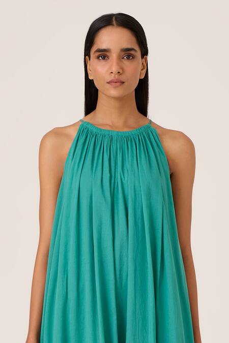 Buy_The Summer House_Blue Cotton Halter Neck Frilled Hem Maxi Dress _Online_at_Aza_Fashions