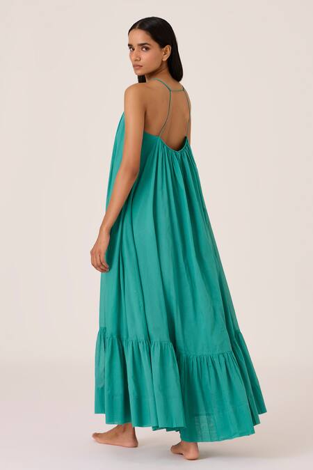 Shop_The Summer House_Blue Cotton Halter Neck Frilled Hem Maxi Dress _at_Aza_Fashions