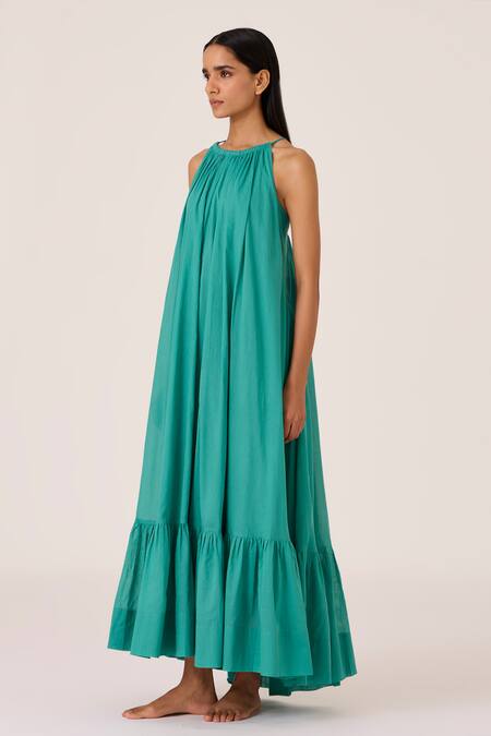 Shop_The Summer House_Blue Cotton Halter Neck Frilled Hem Maxi Dress _Online_at_Aza_Fashions