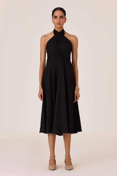 The Summer House_Black Chanderi Halter Neck Midi Dress _Online_at_Aza_Fashions