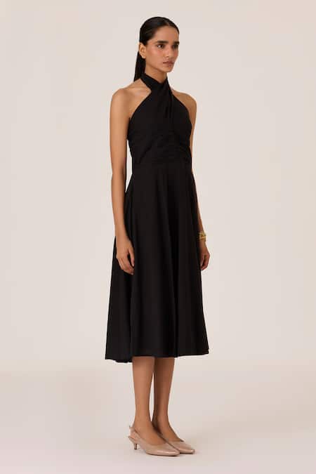 Shop_The Summer House_Black Chanderi Halter Neck Midi Dress _Online_at_Aza_Fashions