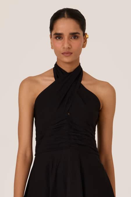 The Summer House_Black Chanderi Halter Neck Midi Dress _at_Aza_Fashions