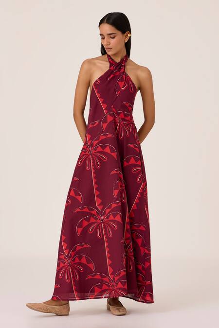 Buy_The Summer House_Maroon Chanderi Halter Neck Rivulet Palm Print Maxi Dress _Online_at_Aza_Fashions