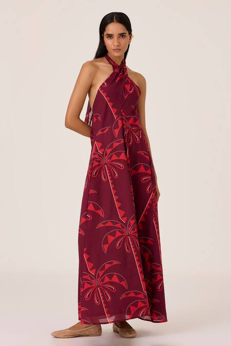 Shop_The Summer House_Maroon Chanderi Halter Neck Rivulet Palm Print Maxi Dress _Online_at_Aza_Fashions