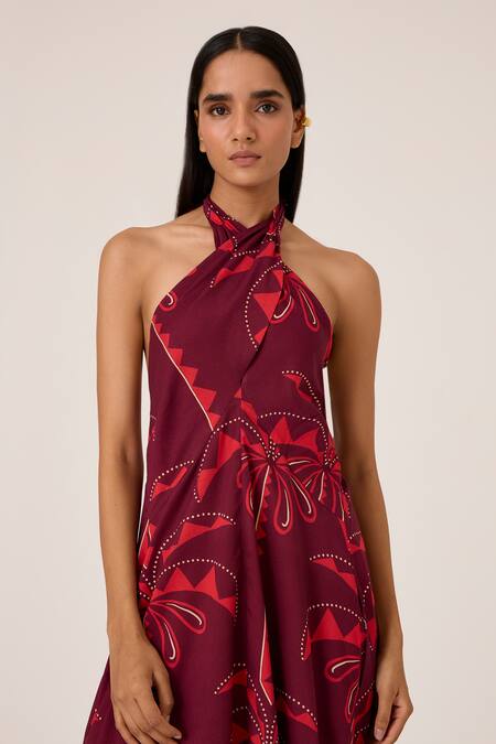 Buy_The Summer House_Maroon Chanderi Halter Neck Rivulet Palm Print Maxi Dress 