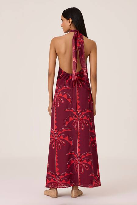 Shop_The Summer House_Maroon Chanderi Halter Neck Rivulet Palm Print Maxi Dress _at_Aza_Fashions