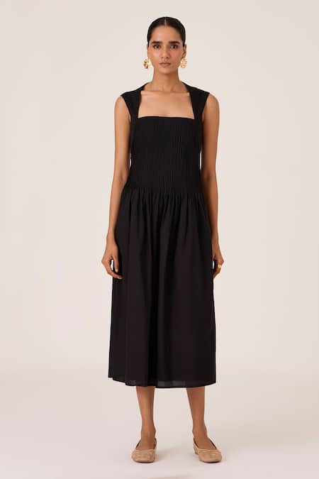 The Summer House Black Cotton Square Neck Pleated Midi Dress Online at Aza Fashions The Summer House_Black Cotton Square Neck Pleated Midi Dress _Online_at_Aza_Fashions