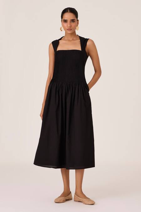 Buy The Summer House Black Cotton Square Neck Pleated Midi Dress Online at Aza Fashions Buy_The Summer House_Black Cotton Square Neck Pleated Midi Dress _Online_at_Aza_Fashions