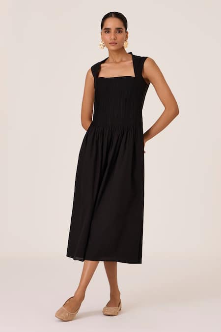 Shop The Summer House Black Cotton Square Neck Pleated Midi Dress Online at Aza Fashions Shop_The Summer House_Black Cotton Square Neck Pleated Midi Dress _Online_at_Aza_Fashions