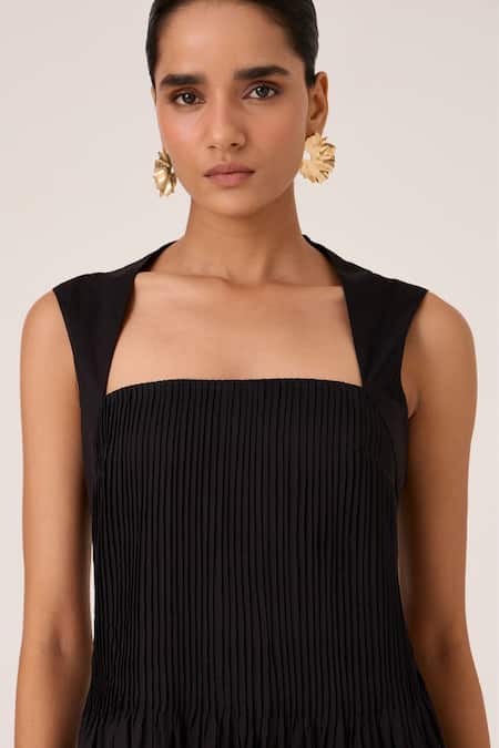 The Summer House Black Cotton Square Neck Pleated Midi Dress at Aza Fashions The Summer House_Black Cotton Square Neck Pleated Midi Dress _at_Aza_Fashions