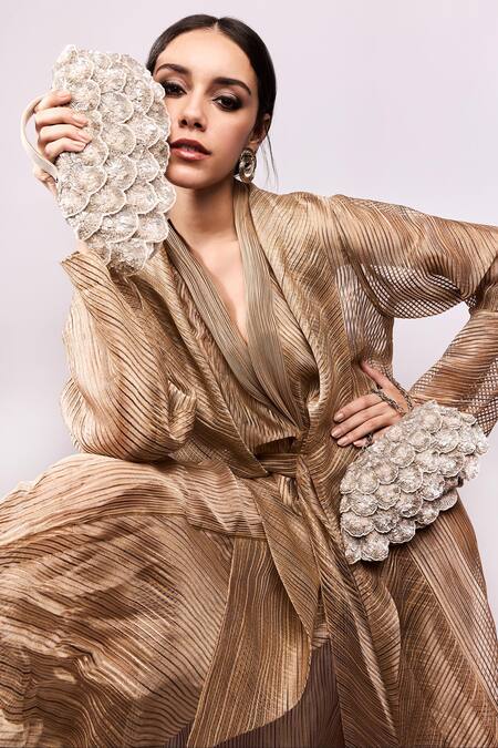 Aanchal Sayal_Silver Cutdana 3d Floral Scallop Embroidered Handbag_Online_at_Aza_Fashions