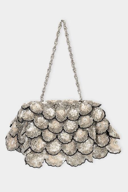 Shop Aanchal Sayal Black Cutdana Ebony 3d Scallop Bloom Bag Online at Aza Fashions Shop_Aanchal Sayal_Black Cutdana Ebony 3d Scallop Bloom Bag_Online_at_Aza_Fashions