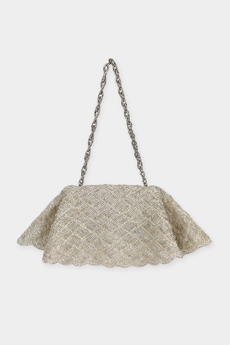 Shop_Aanchal Sayal_Silver Cutdana Moonbeam Jaal Drape Bag_Online_at_Aza_Fashions
