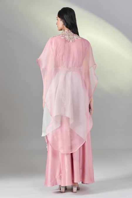 Shop Prisho Pink Silk Pearls, Embroidery V-neck Floral Cape And Kurta Set at Aza Fashions Shop_Prisho_Pink Silk Pearls, Embroidery V-neck Floral Cape And Kurta Set _at_Aza_Fashions