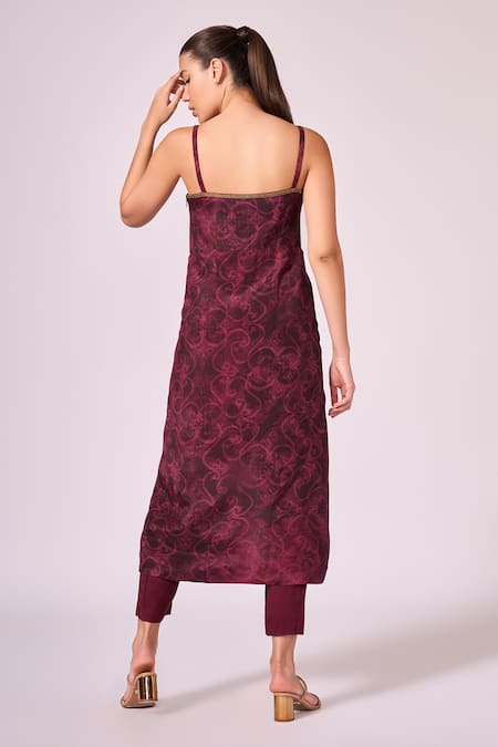 Shop Koswi Red Viscose Square Neck Floral Print Slit Kurta With Pant at Aza Fashions Shop_Koswi_Red Viscose Square Neck Floral Print Slit Kurta With Pant _at_Aza_Fashions