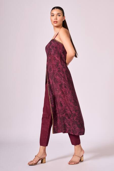 Buy Koswi Red Viscose Square Neck Floral Print Slit Kurta With Pant Online at Aza Fashions Buy_Koswi_Red Viscose Square Neck Floral Print Slit Kurta With Pant _Online_at_Aza_Fashions