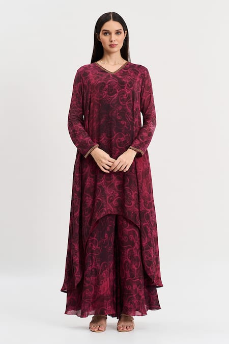 Koswi Red Viscose Printed Floral Swirl V-neck High-low Kurta With Flared Pant 