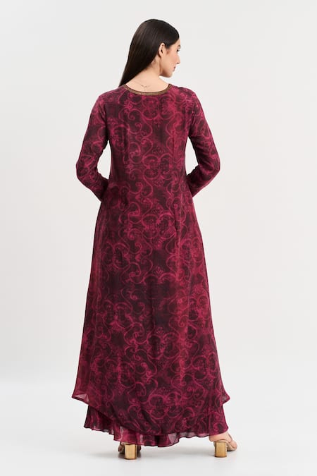 Shop Koswi Red Viscose V-neck Printed High-low Kurta With Flared Pant at Aza Fashions Shop_Koswi_Red Viscose V-neck Printed High-low Kurta With Flared Pant _at_Aza_Fashions