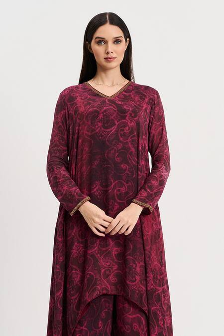 Koswi Red Viscose V-neck Printed High-low Kurta With Flared Pant Online at Aza Fashions Koswi_Red Viscose V-neck Printed High-low Kurta With Flared Pant _Online_at_Aza_Fashions